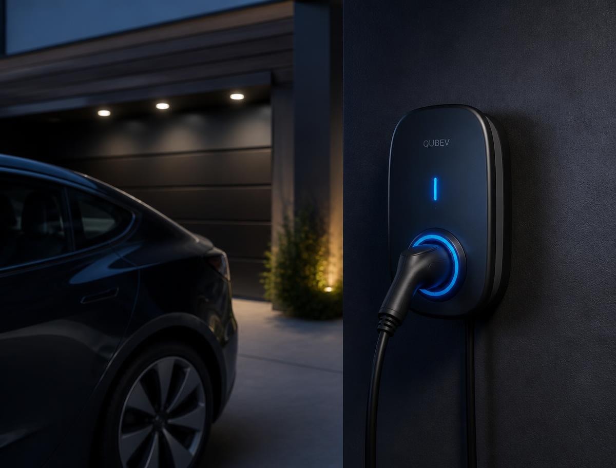 Wall-mounted EV charger with blue indicator light beside an electric car