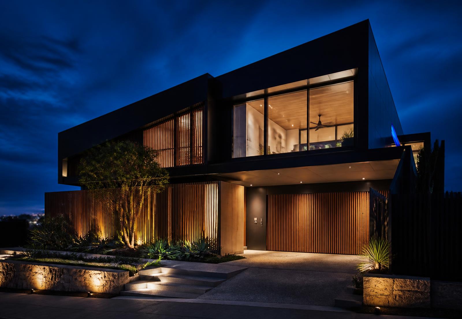 Modern home at dusk with smart lighting installed by MK Power Group