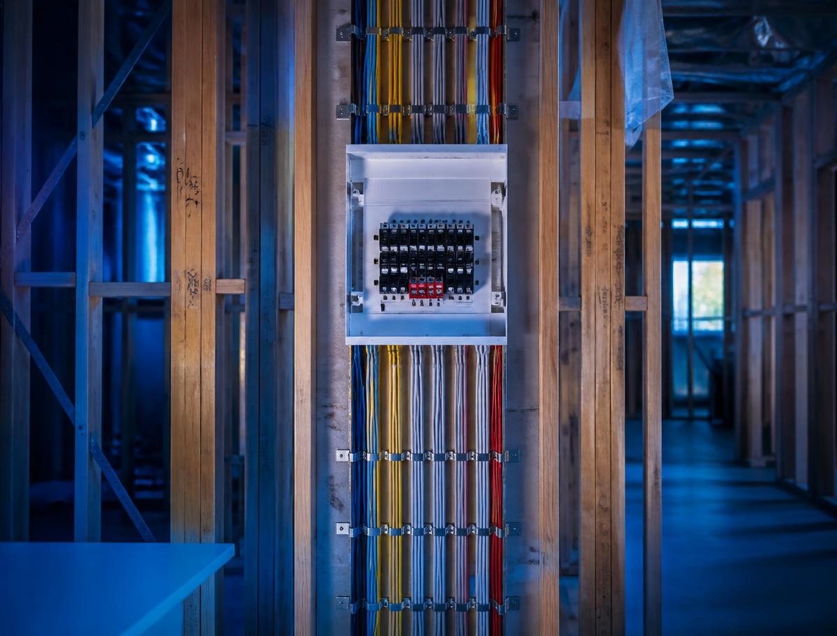 New build frame stage with neatly run cabling and a new switchboard