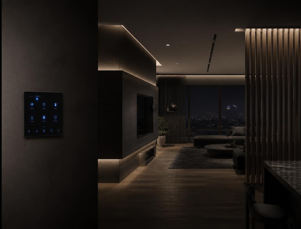 Dark interior with smart lighting and a wall-mounted automation control panel